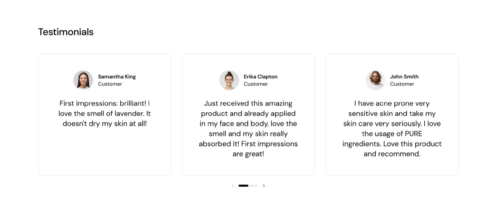 Storefront Testimonials section with three customer cards, each with a round photo, name, the label Customer and a short quote, and slider arrows below.
