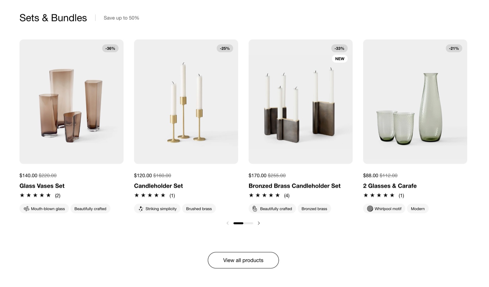 Storefront Featured collection section "Sets & Bundles" as a slider of four product cards with discount badges, prices, ratings and icon pills, and a View all products button.