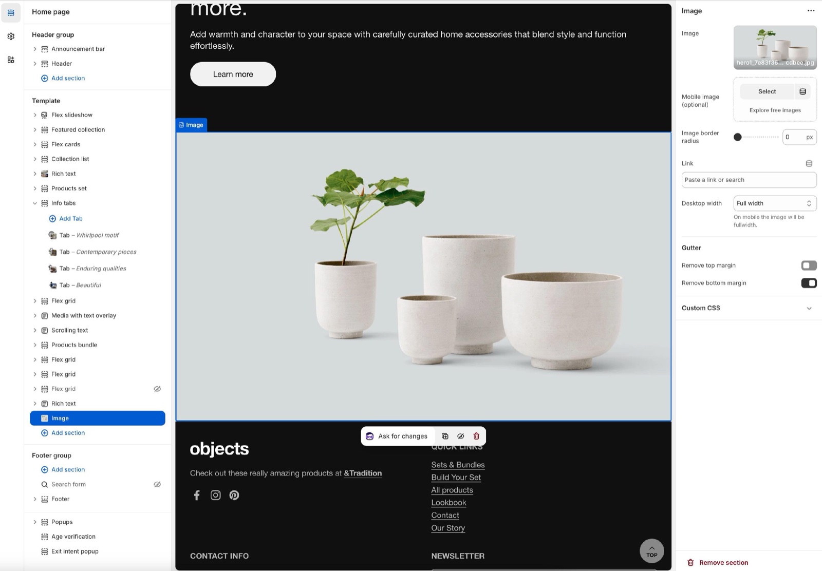 Theme editor Image section (Image, Mobile image (optional), Image border radius, Link, Desktop width Full width, Remove top margin, Remove bottom margin) beside a full-width image of white planters.
