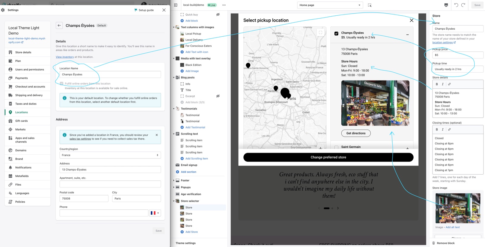 Shopify admin → Settings → Locations with the location Champs Élysées, next to the theme editor Store selector section: the Store block Name Champs Élysées, Pickup price $5, Pickup time, Store details, Closing times (optional) and Store image, and the storefront Select pickup location popup with a map.