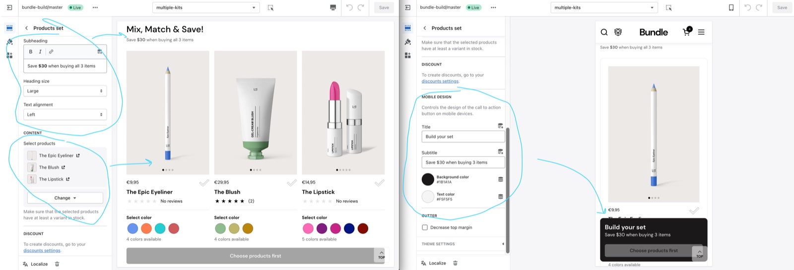 Theme editor Products set section on the multiple-kits page (Subheading, Heading size, Text alignment, Select products with three products, Discount and Mobile design settings) beside the "Mix, Match & Save!" set and its mobile "Build your set" bar.