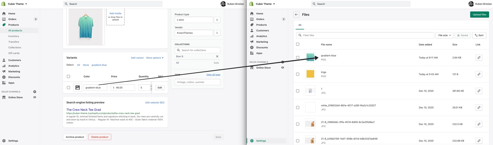 Two Shopify admin screens side by side: a product's Variants list with a Color value named gradient-blue, and the Files page with an uploaded image file named gradient-blue (PNG); an arrow links the value to the file.