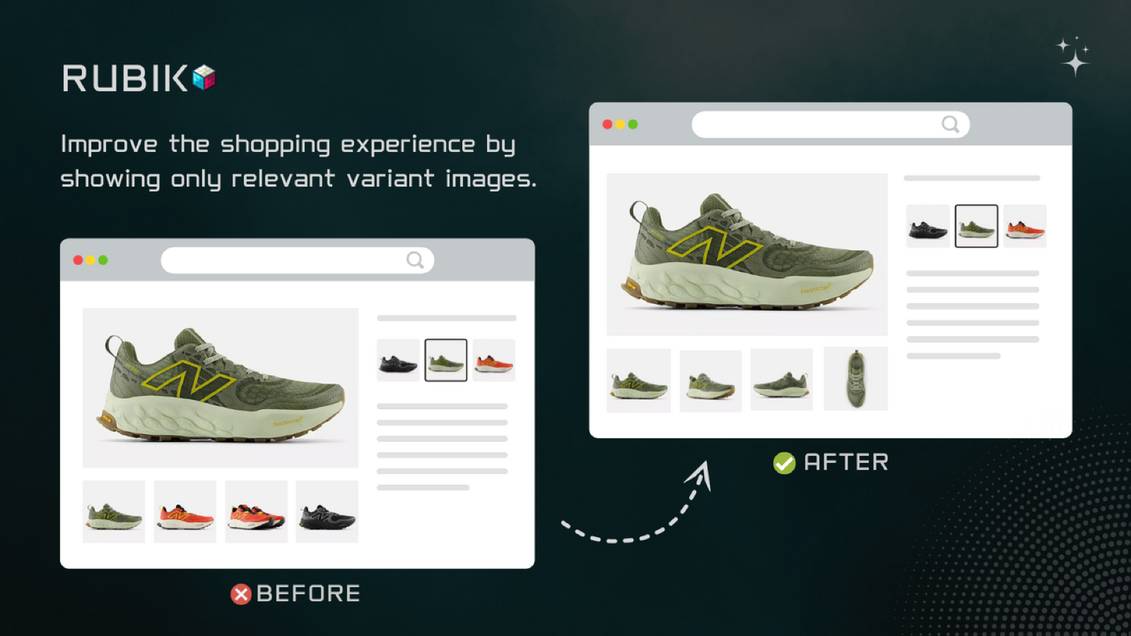 Rubik Variant Images banner: a product page before and after, showing only the images of the selected shoe color.