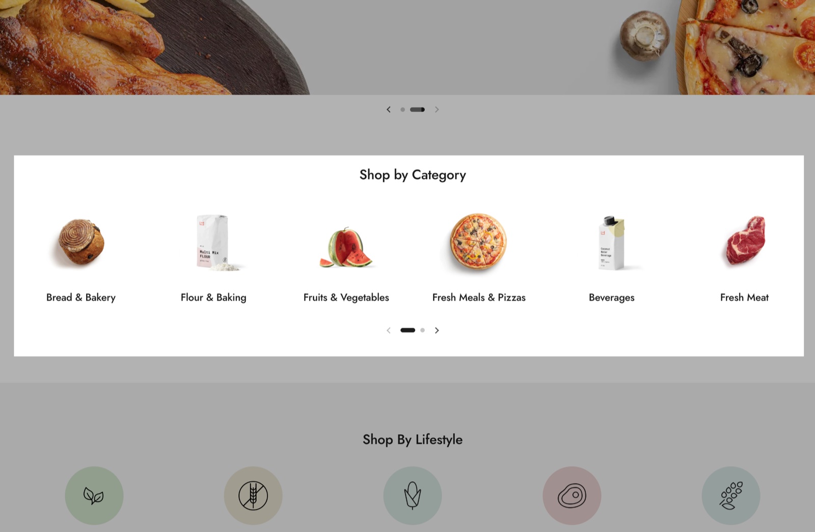 Collection list section as a slider titled Shop by Category: six collections (Bread & Bakery, Flour & Baking, Fruits & Vegetables, Fresh Meals & Pizzas, Beverages, Fresh Meat) with product images and slider arrows.