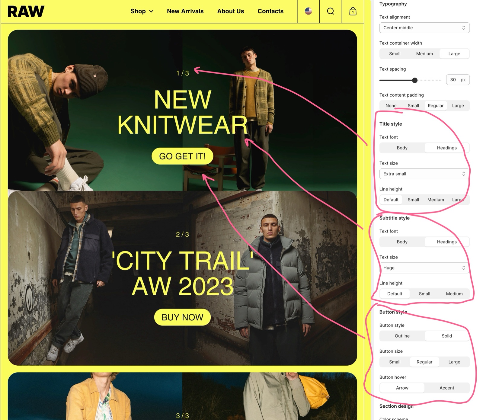 Theme editor, Vertical slider section Typography settings with Text alignment, Text container width, Text spacing, Text content padding, Title style, Subtitle style and Button style groups, mapped to the NEW KNITWEAR and CITY TRAIL slides.