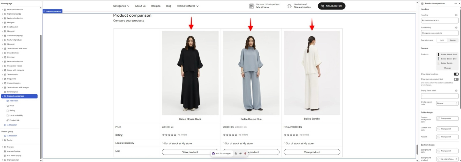 Theme editor with the Product comparison section on the home page: three products as columns with Price, Rating, Local availability and Link rows, and the section panel with Heading, Content (Products, Show table headings, Show current product first, Empty fields label, Media aspect ratio) and Table design.