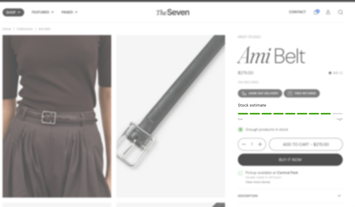 Blurred storefront product page for Ami Belt showing a Stock estimate meter of green segments between low and high above the quantity and Add to cart buttons.