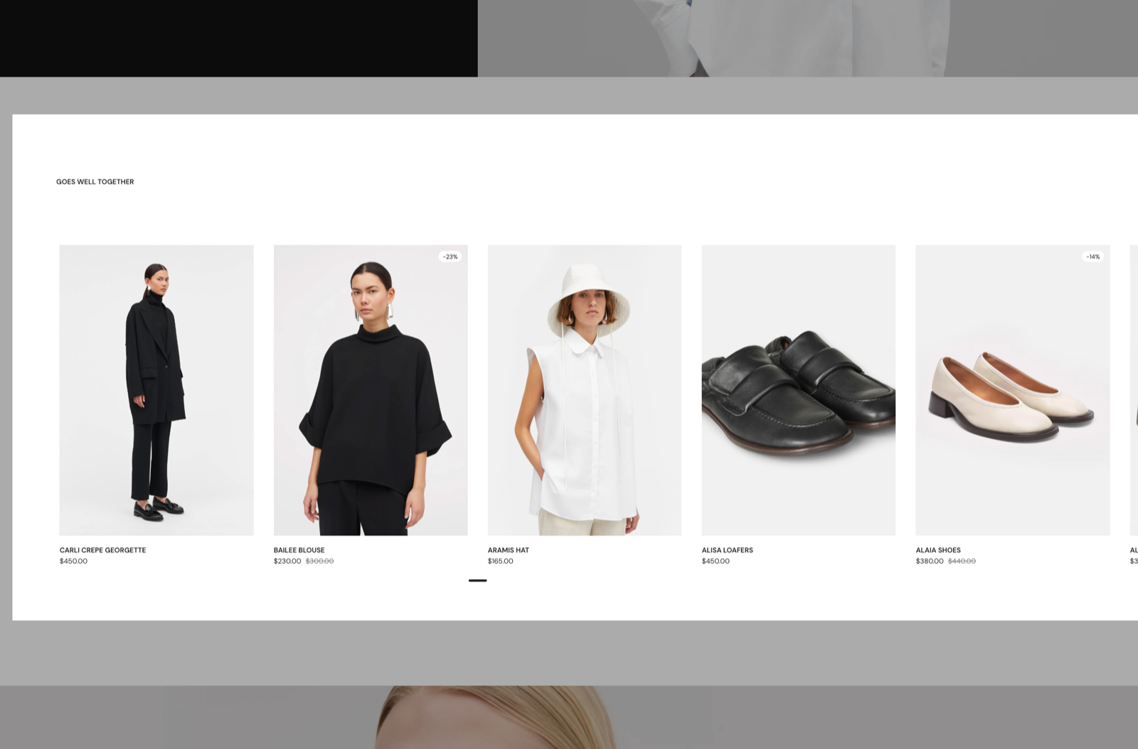 Storefront Product recommendations section titled Goes well together, a slider row of product cards with sale badges and a slider progress bar.