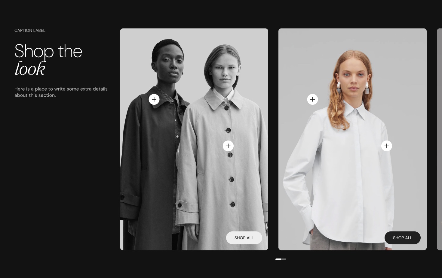 Storefront Shop the look section on a dark background: a heading and short text beside a slider of two photo cards with plus hotspots and Shop all buttons.