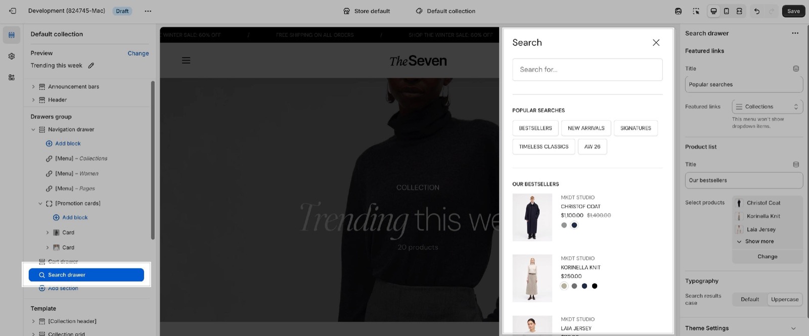 Theme editor with the Search drawer selected in the Drawers group: the preview shows the open Search drawer and the right panel shows Featured links, Product list and Typography settings.