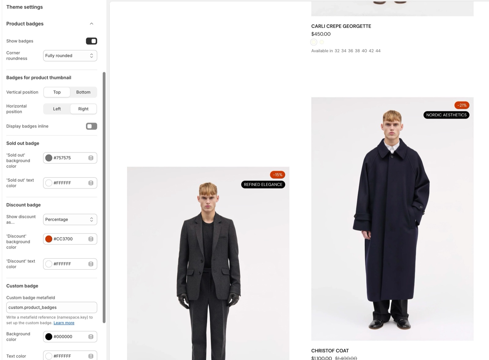 Theme editor Theme settings → Product badges panel (Show badges, Corner roundness, thumbnail position, Sold out, Discount and Custom badge settings) beside a collection preview with discount and custom badges.