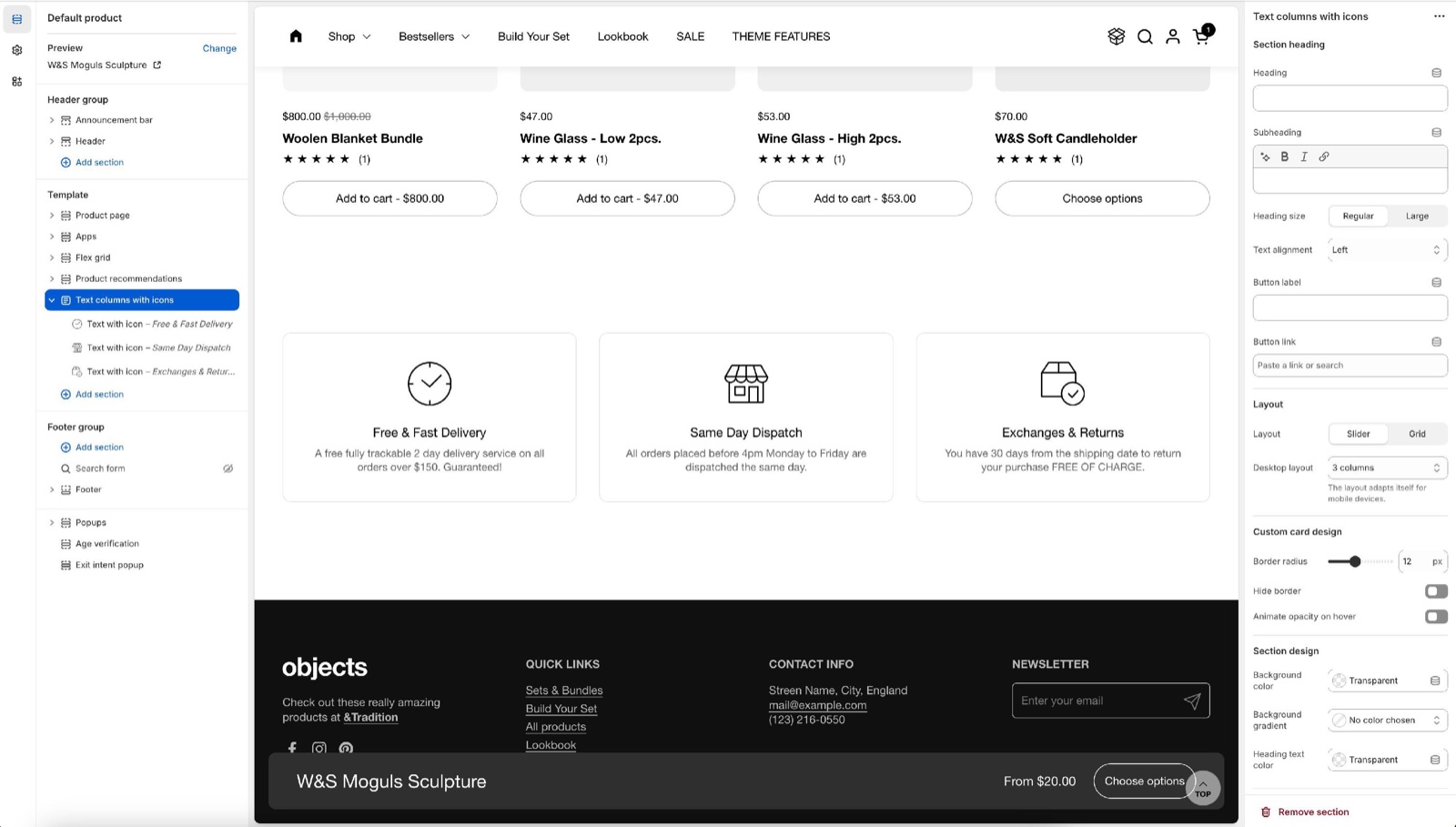 Theme editor Text columns with icons section with three Text with icon blocks and its Section heading, Layout (Slider / Grid, Desktop layout 3 columns), Custom card design and Section design settings, beside three bordered cards: Free & Fast Delivery, Same Day Dispatch, Exchanges & Returns.