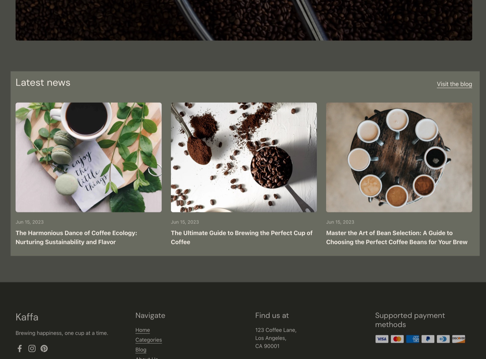 Blog posts section on the storefront: a Latest news heading with a Visit the blog link and three article cards with image, date and title, on a dark green background.