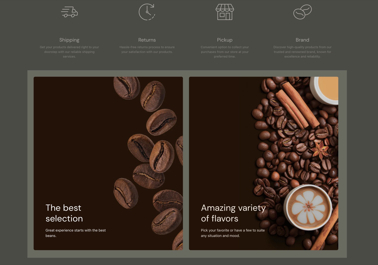 Media with text overlay section with two cards on a coffee-bean background, each with a title (The best selection, Amazing variety of flavors) and a short text over the image.