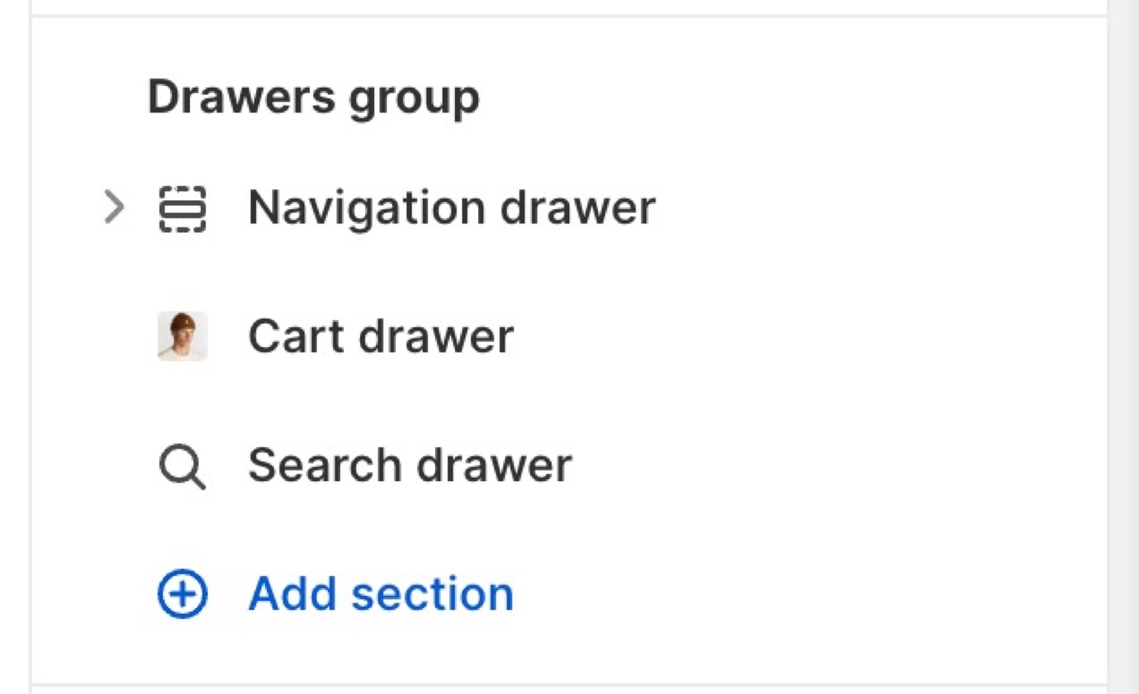 Theme editor sidebar showing the Drawers group with the Navigation drawer, Cart drawer and Search drawer sections and an Add section link.