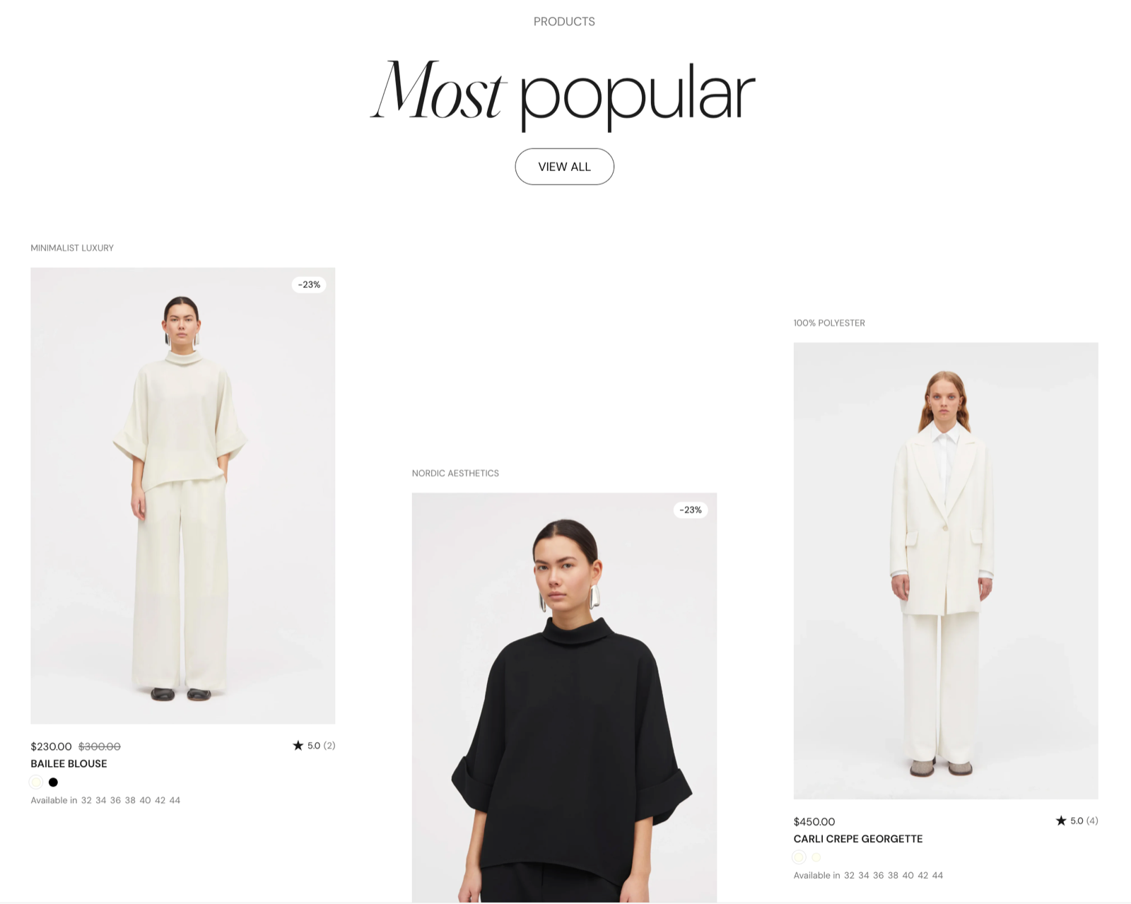 Storefront Featured collection section with the heading Most popular, a View all button and three scattered product cards with sale badges, prices, ratings, swatches and sizes.