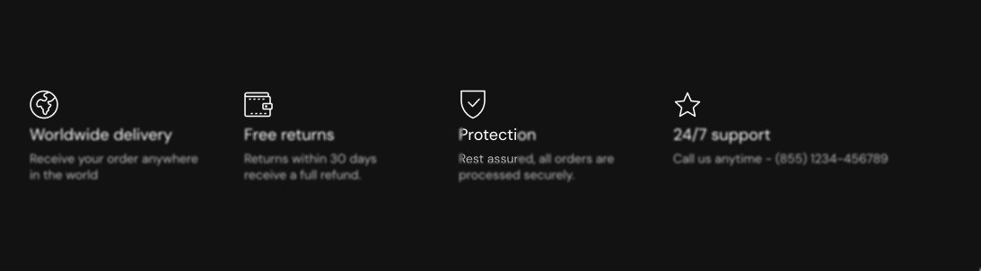 Storefront row of four Icon blocks on a dark background, each with an outline icon, a heading and a short text line.