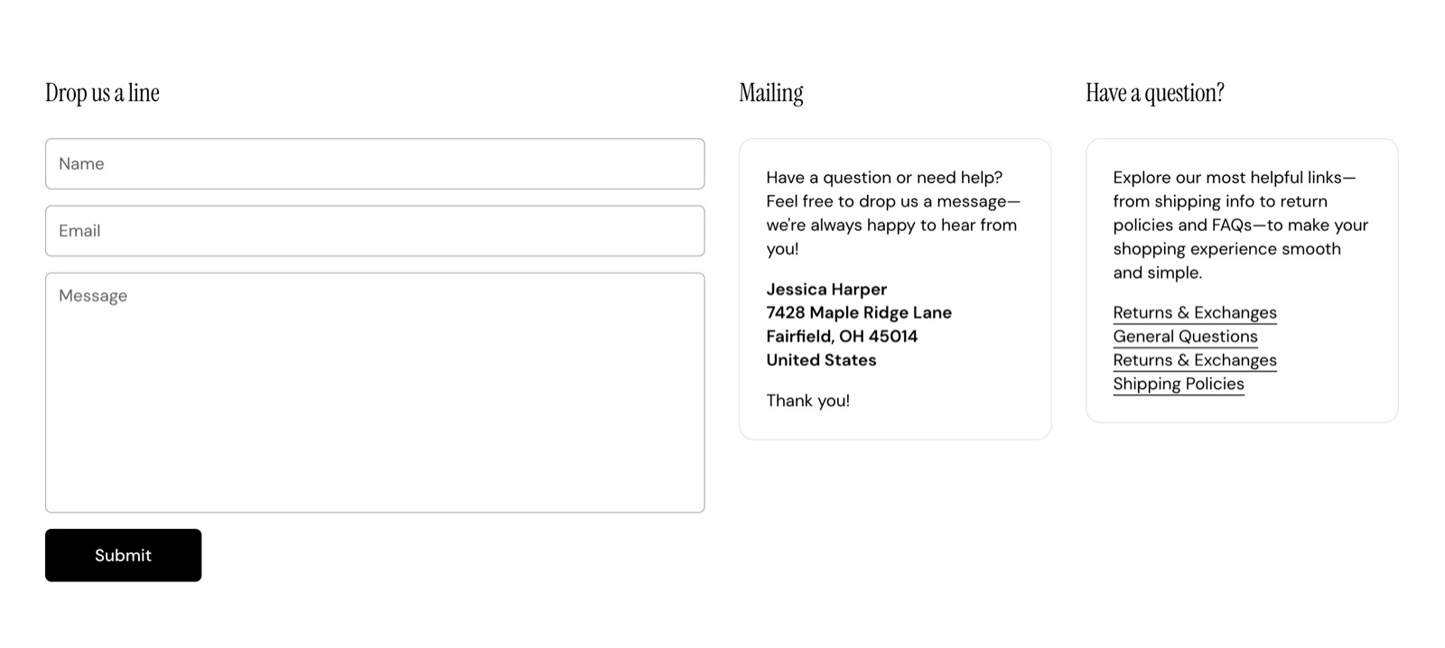 Storefront Contact form section "Drop us a line" with Name, Email and Message fields and a Submit button, next to two Contact info boxes, "Mailing" and "Have a question?".
