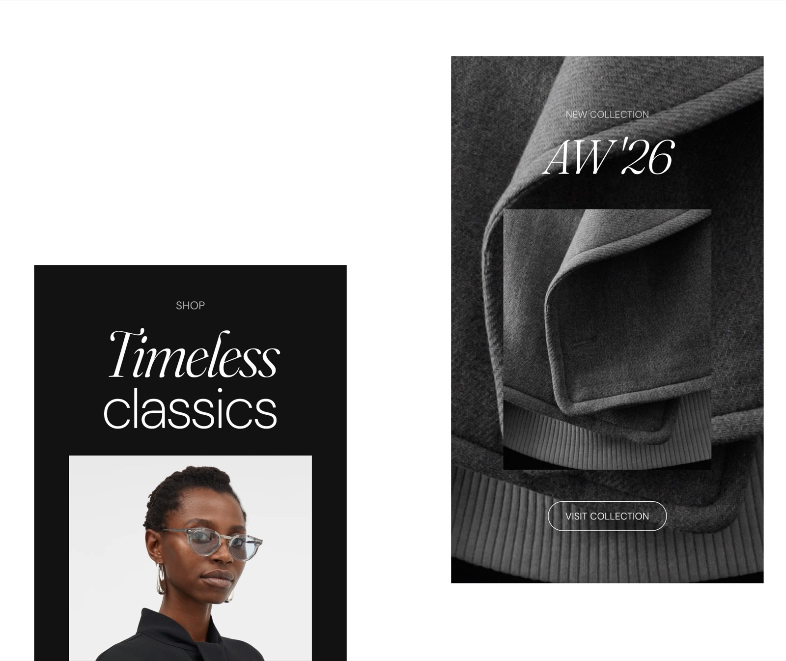 Storefront Promo cards: a black Timeless classics card with an image and a tall AW '26 card with a caption, an image and a Visit collection button over a photo.