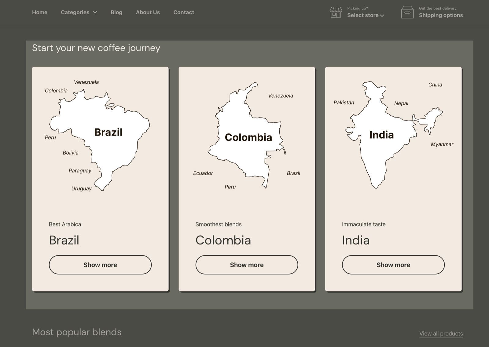 Promotion cards section titled Start your new coffee journey: three cards with a map image above a caption, title (Brazil, Colombia, India) and a Show more button.