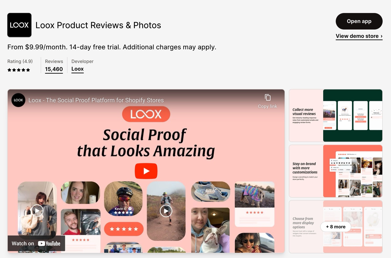 Loox Product Reviews & Photos App Store listing in December 2023: price line, rating, review count and the app's promo video.