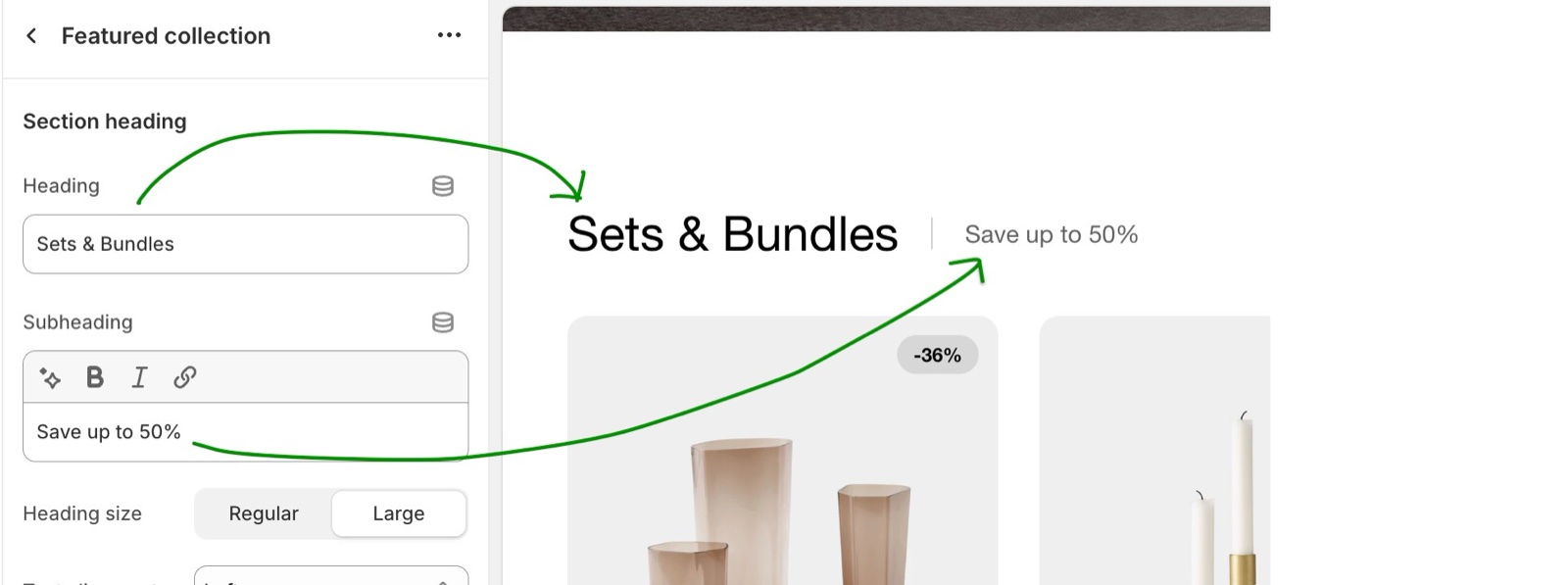 Theme editor Featured collection → Section heading (Heading "Sets & Bundles", Subheading "Save up to 50%", Heading size) with arrows to the heading and subheading on the storefront.