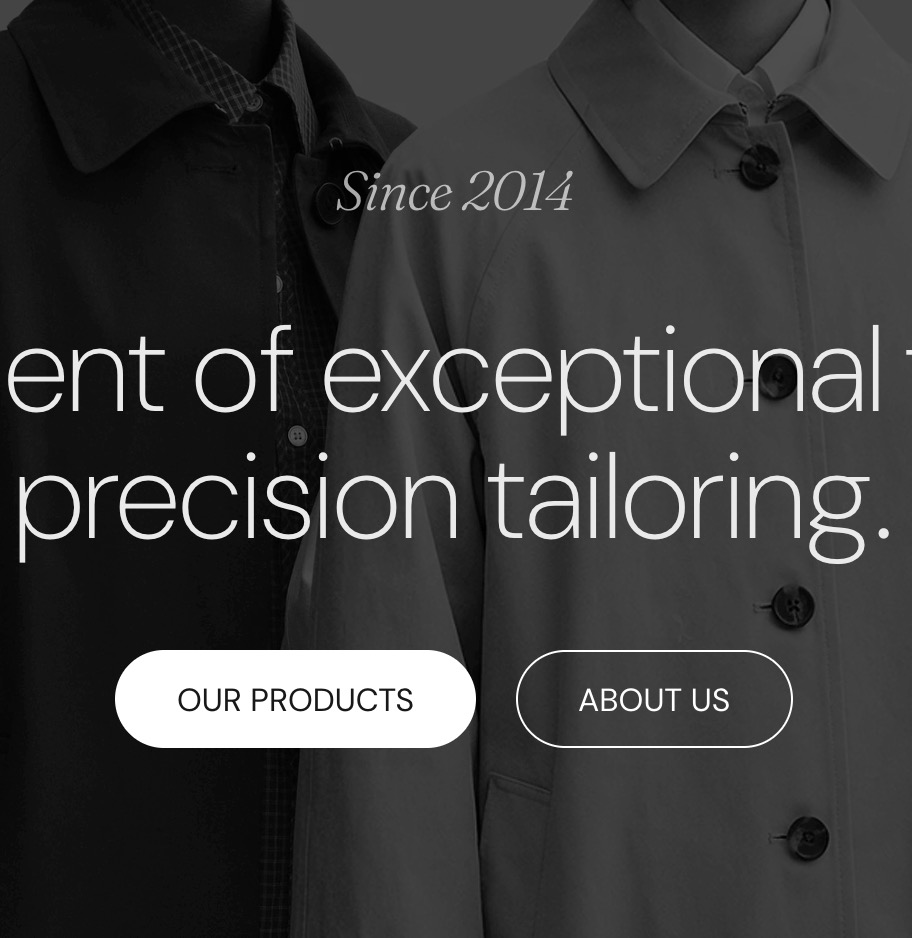 Storefront hero with a Button block pair: a solid Our products button and an outlined About us button under a caption and headline over a photo.