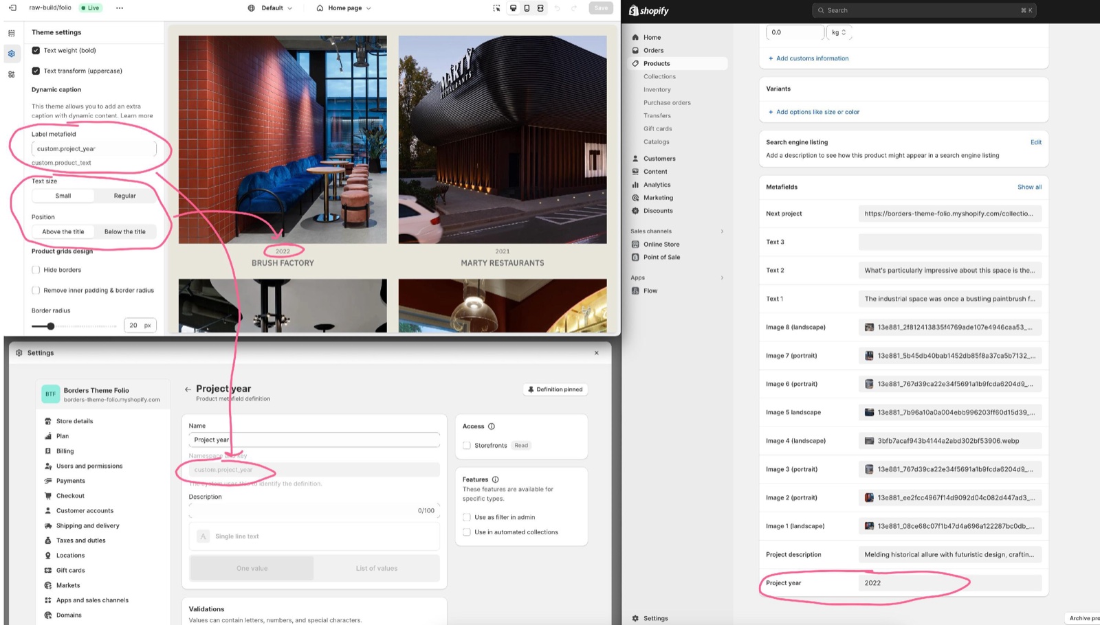 Composite of the Theme settings → Product card Dynamic caption settings with Label metafield set to custom.project_year, Text size and Position, the Shopify admin product metafield definition Project year, and the year shown above product titles.