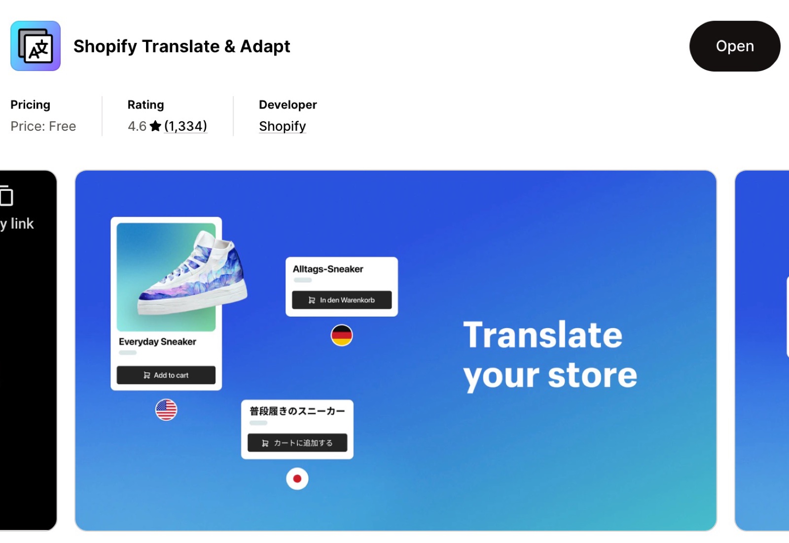 Shopify Translate & Adapt App Store listing by Shopify: free, and a banner "Translate your store".