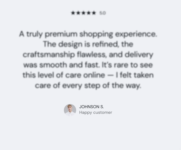 Storefront review card with the Testimonial author block in focus: an avatar photo with the name Johnson S. and the subtitle Happy customer under a blurred quote.