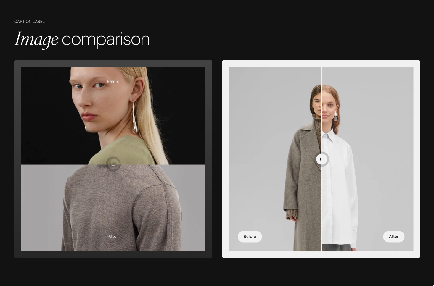 Storefront Image comparison section on a dark background with two comparison cards, one split horizontally and one with a vertical slider handle, both labelled Before and After.