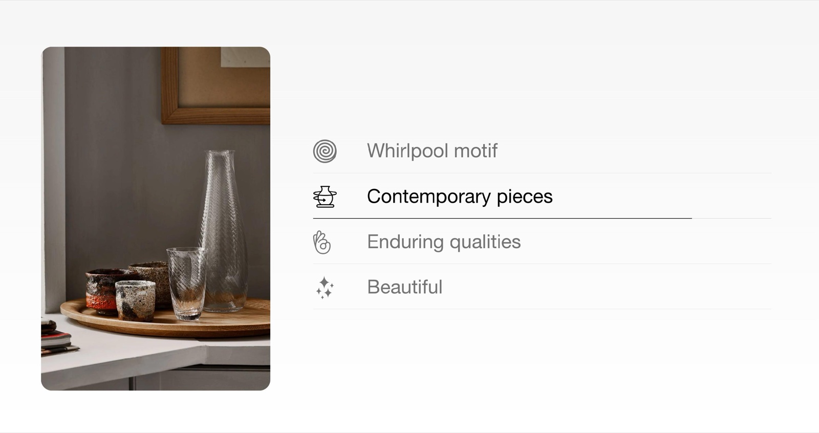 Storefront Info tabs section in list style: an image on the left and four tabs with icons on the right (Whirlpool motif, Contemporary pieces, Enduring qualities, Beautiful), the active tab underlined by its autoplay progress bar.