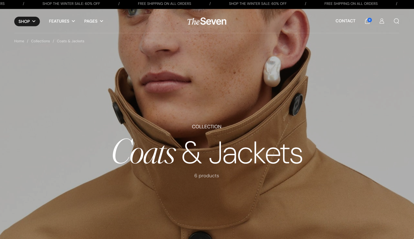 Storefront collection page header over a hero photo: breadcrumb, caption Collection, the heading Coats & Jackets and a product count.
