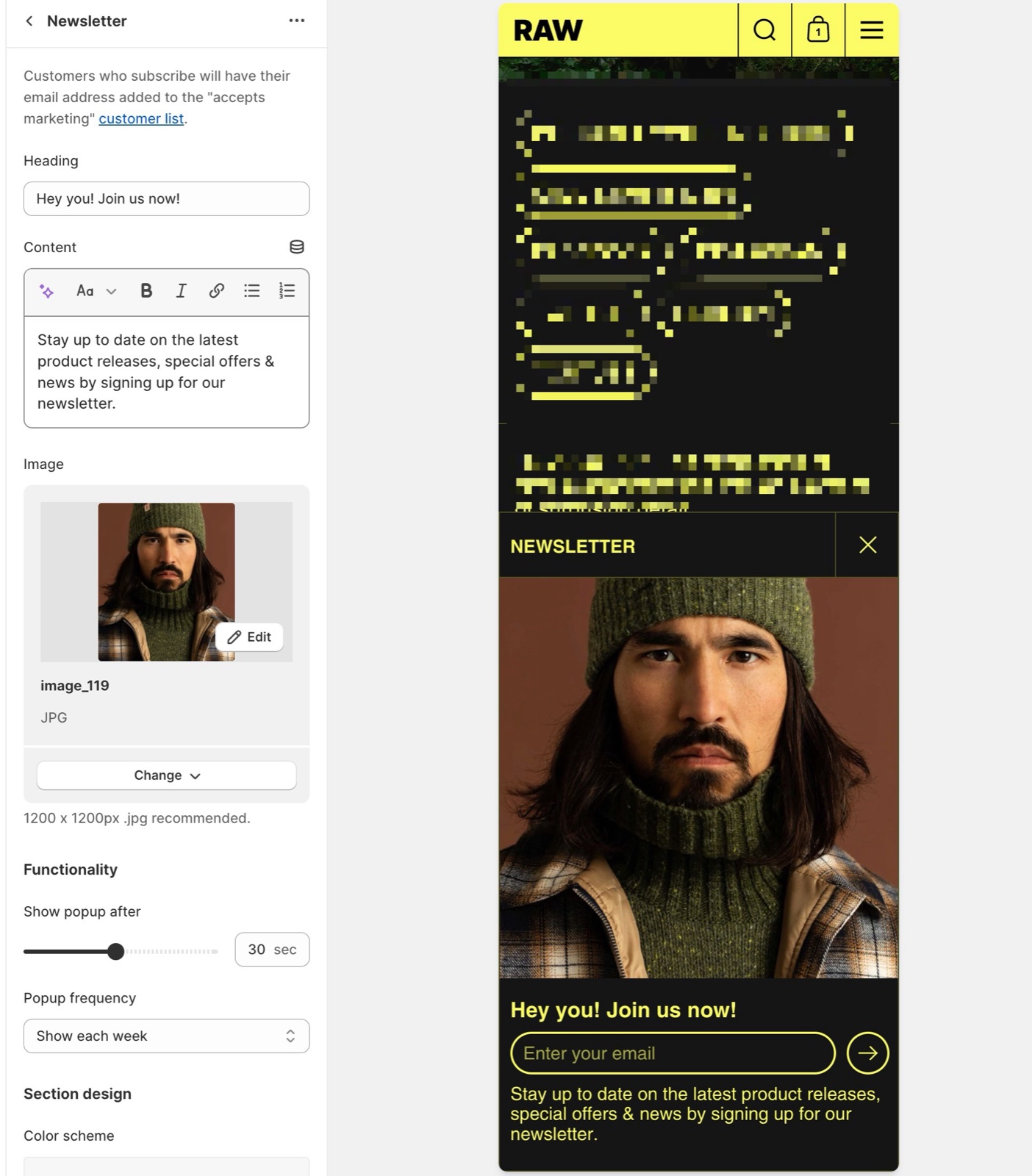 Theme editor, Overlay group Newsletter section with the customer list note, Heading, Content, Image, Functionality Show popup after 30 sec and Popup frequency Show each week, beside the newsletter popup on a mobile preview.