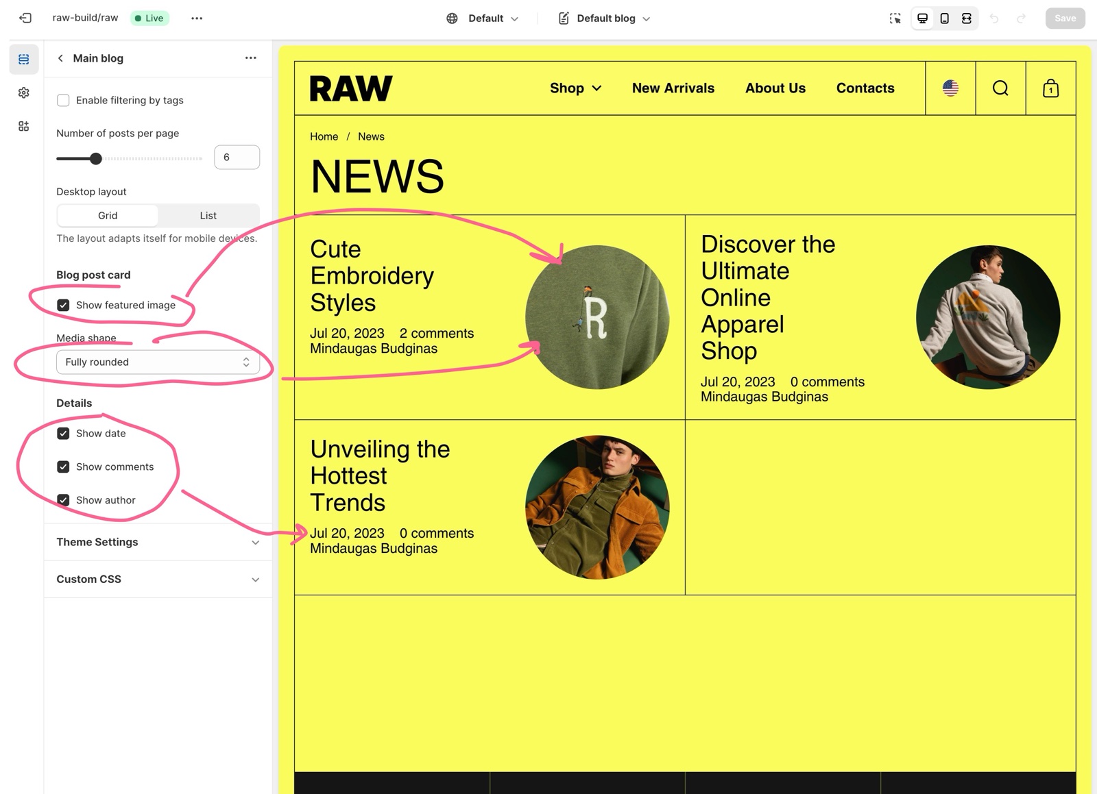 Theme editor, Main blog section with Enable filtering by tags, Number of posts per page, Desktop layout Grid or List, Blog post card Show featured image and Media shape, and Details Show date, Show comments, Show author, beside the RAW News blog grid.