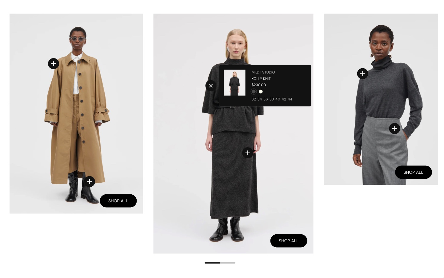 Storefront Shop the look card: three portrait photos with plus-sign product hotspots and Shop all buttons, the middle one showing an open dark product tooltip.
