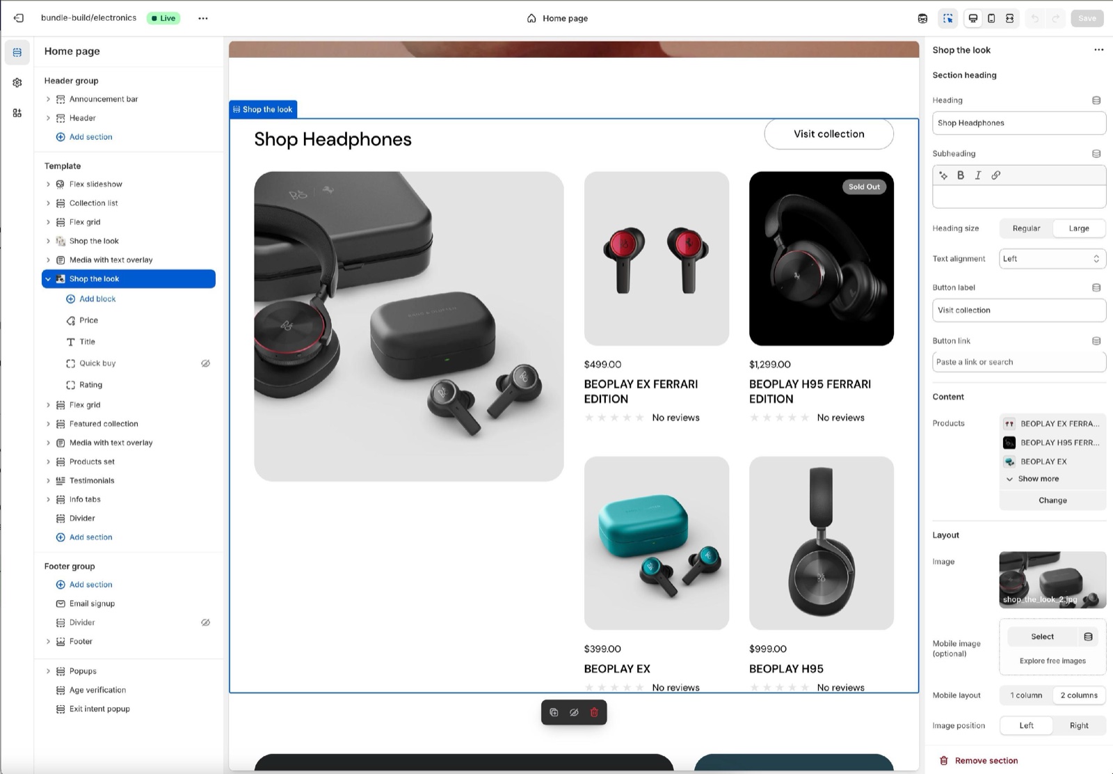 Theme editor Shop the look section "Shop Headphones" with its Price, Title, Quick buy and Rating blocks and the Section heading, Content (Products) and Layout (Image, Mobile image, Mobile layout, Image position) settings, beside a headphones image next to four product cards.