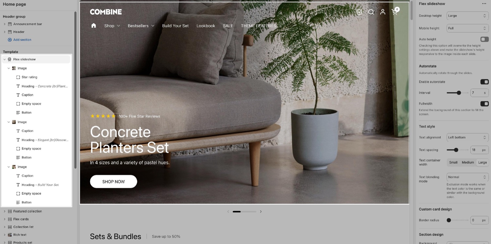 Theme editor home page Flex slideshow with three Image slides holding Star rating, Heading, Caption, Empty space and Button blocks, and the section settings (Desktop height Large, Mobile height Full, Auto height, Enable autorotate, Interval 7 s, Fullwidth, Text style, Border radius), beside the "Concrete Planters Set" slide.