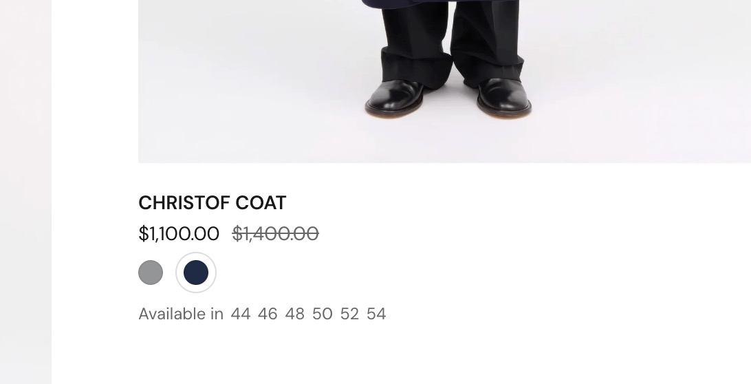 Storefront product card crop for Christof Coat showing the price with compare-at price, two color swatches and the line Available in followed by size numbers.