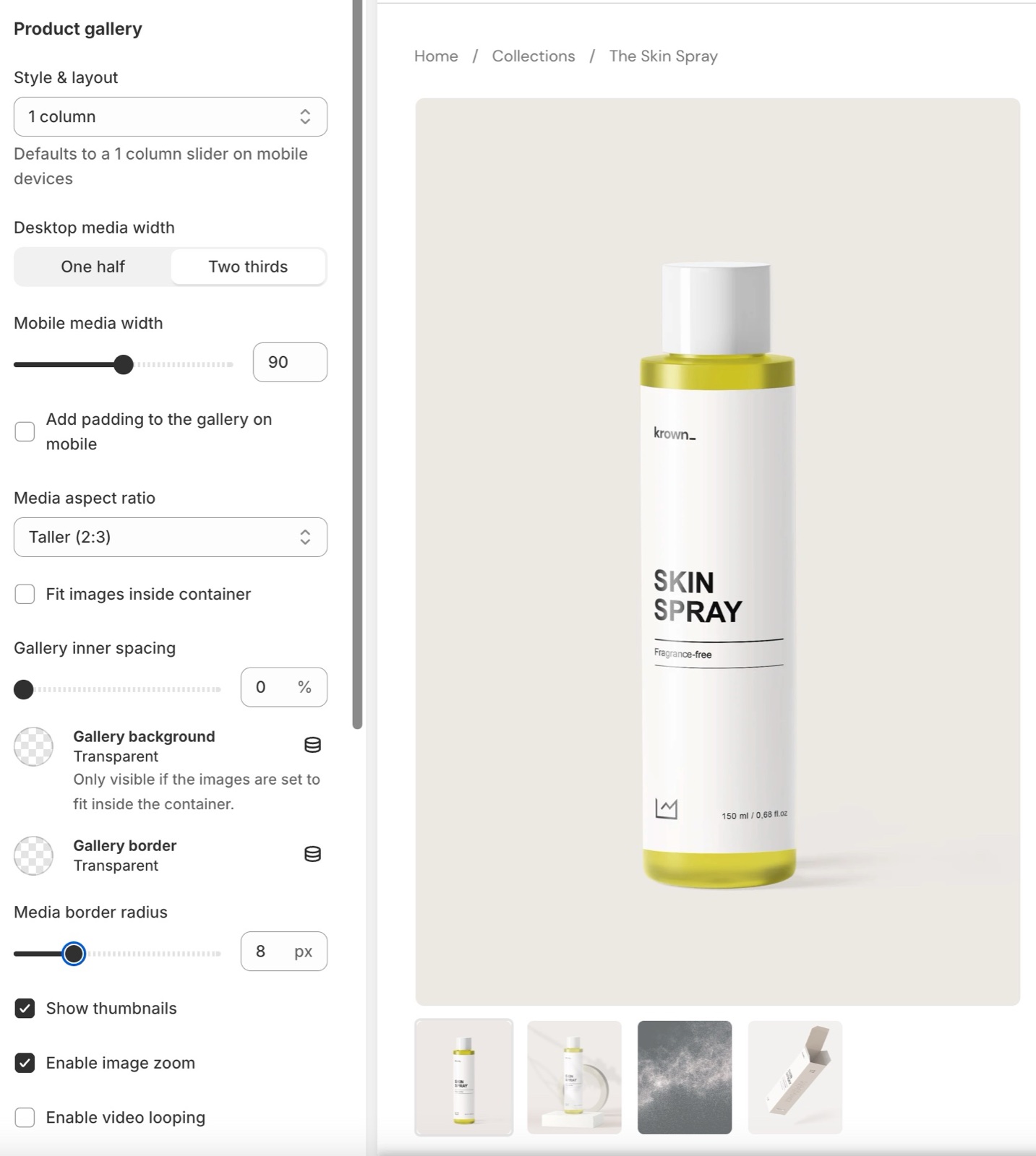 Theme editor Product page → Product gallery settings (Style & layout 1 column, Desktop media width, Mobile media width, Media aspect ratio, Fit images inside container, Gallery inner spacing, background and border, Media border radius, Show thumbnails, Enable image zoom, Enable video looping) beside a product page with thumbnails.