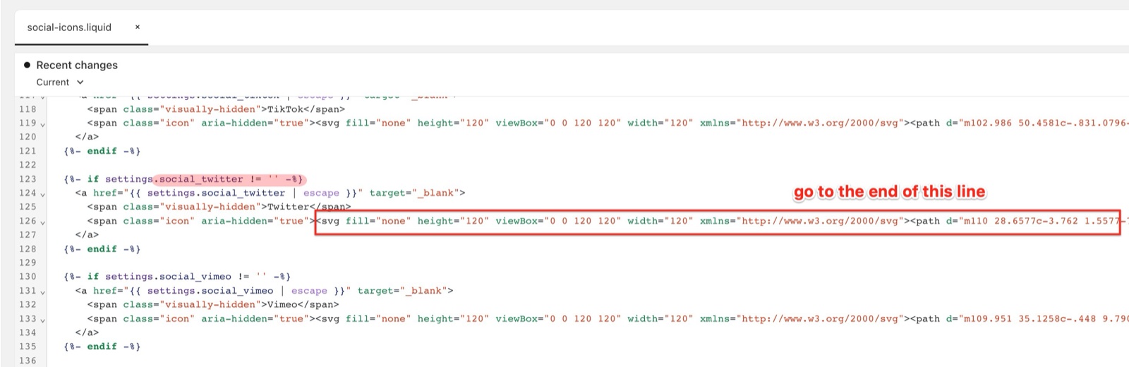 Local and Combine snippets/social-icons.liquid in the code editor: the social_twitter link, with the inline Twitter SVG at the end of line 126 marked "go to the end of this line".