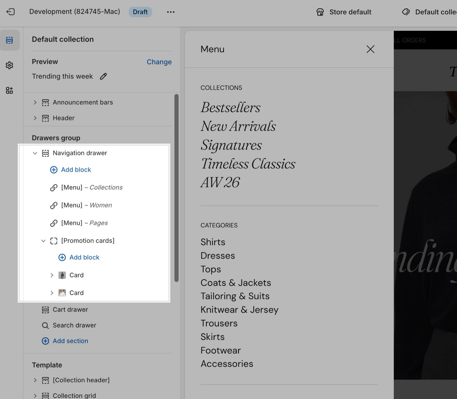 Theme editor on the Default collection template with the Navigation drawer in the Drawers group expanded (three Menu blocks and Promotion cards with two cards) beside the open menu drawer preview.