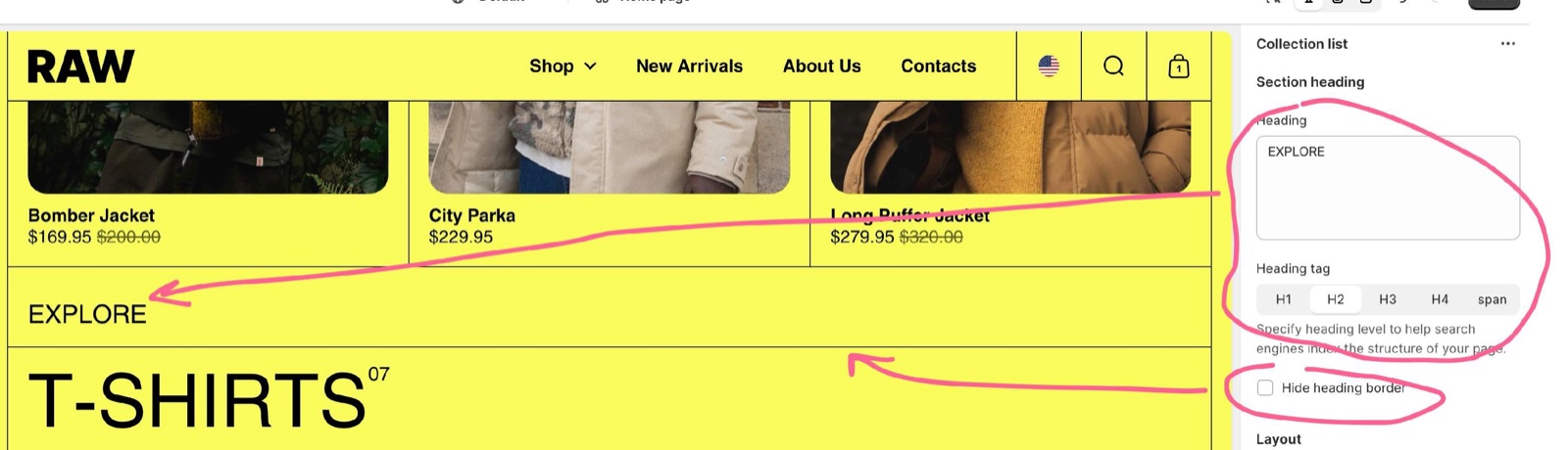 Theme editor, Collection list section Section heading settings with Heading set to EXPLORE, Heading tag H1 to span with its SEO info and Hide heading border, with arrows to the EXPLORE heading and border on the storefront.