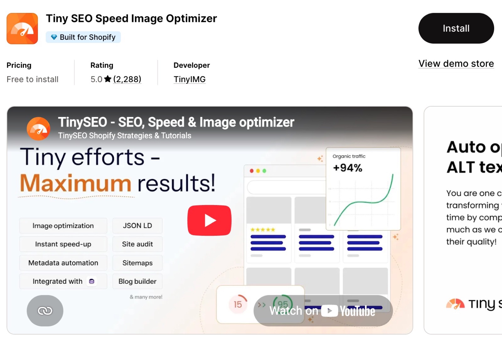 Tiny SEO Speed Image Optimizer App Store listing: free to install, rating 5.0, and a banner with image optimization, JSON-LD and sitemap features.