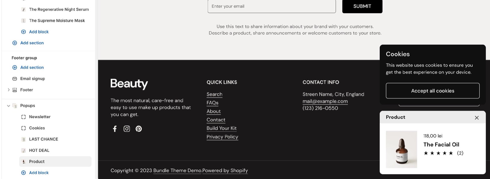 Storefront footer with a Cookies popup ("Accept all cookies") and a Product popup for The Facial Oil stacked at the bottom right, beside the theme editor Popups section listing Newsletter, Cookies, image and Product popup blocks.