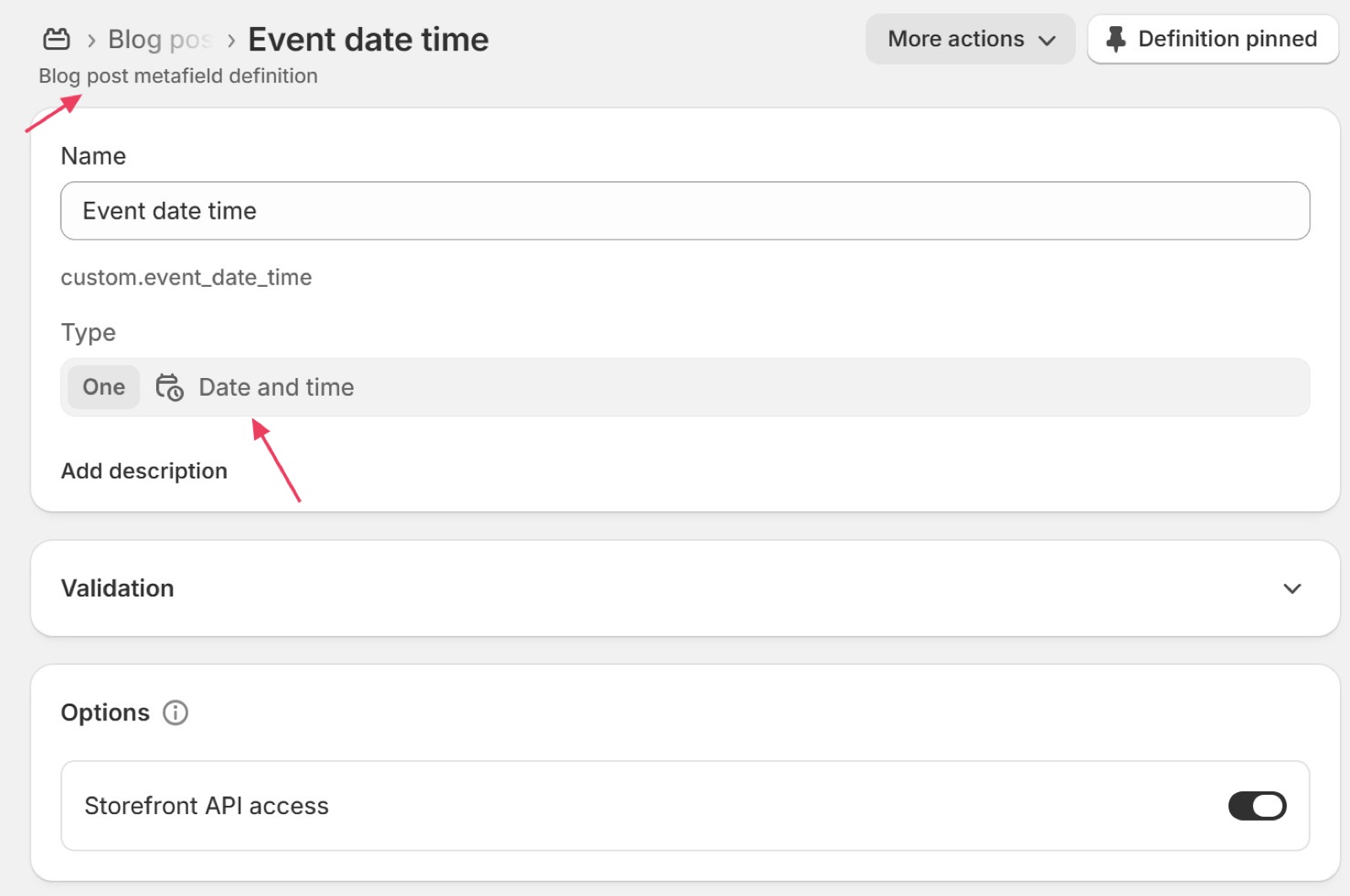 Shopify admin blog post metafield definition Event date time (custom.event_date_time) of type Date and time.