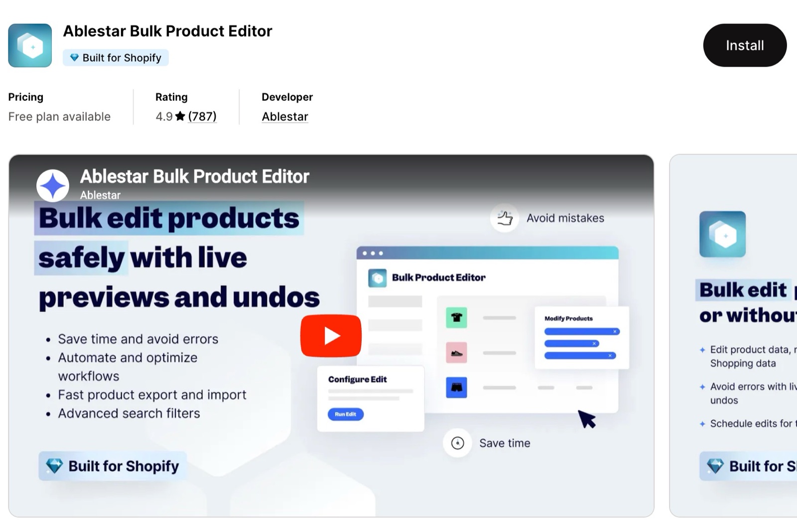 Ablestar Bulk Product Editor App Store listing: free plan available, and a banner "Bulk edit products safely with live previews and undos".