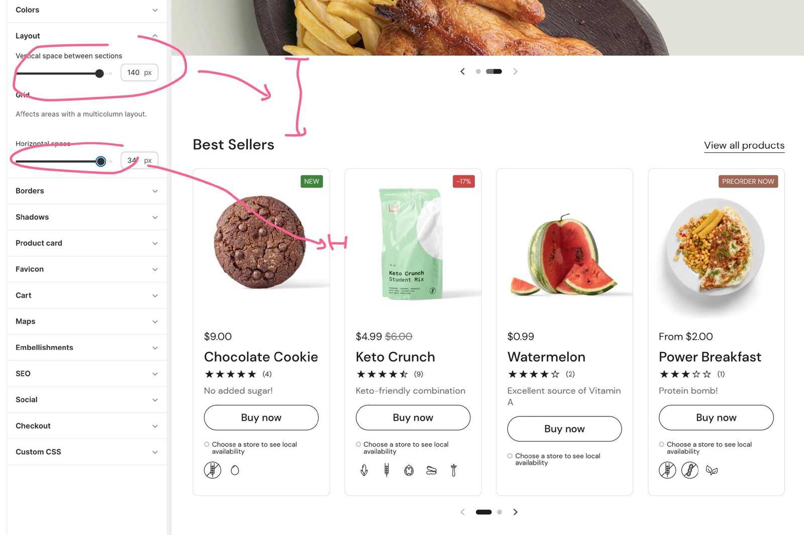 Theme editor Theme settings → Layout panel with Vertical space between sections at 140 px and Grid → Horizontal space at 34 px, with arrows to the gap between two sections and between product cards on the home page.