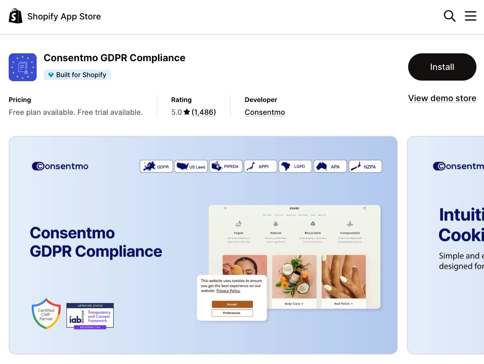 Consentmo GDPR Compliance App Store listing: free plan available, rating 5.0, and a banner with the Consentmo cookie banner.
