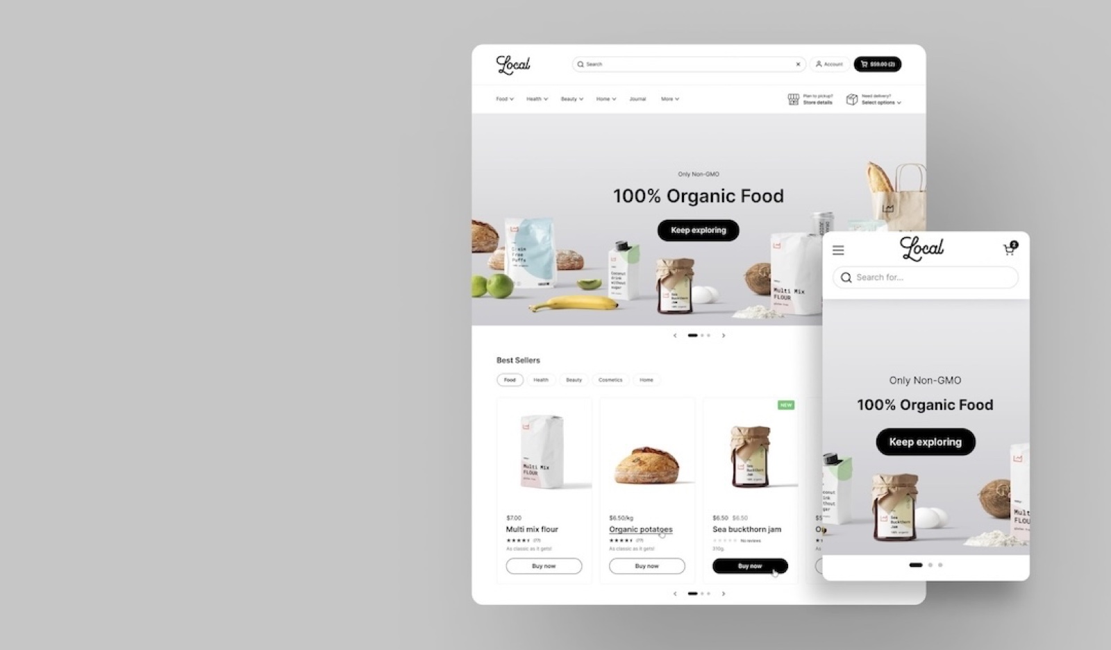 The Local theme, Light preset, on desktop and mobile: an organic food store with the headline "100% Organic Food".